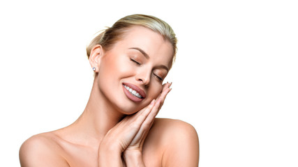 Portrait of young attractive woman over white background.