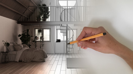 Architect interior designer concept: hand drawing a design interior project while the space becomes real, empty country studio apartment, kitchen, living room and bedroom