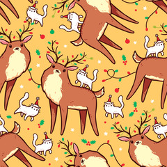 Seamless pattern with cute reindeers with Christmas lights tangled in antlers and white cats wearing Santa hats. Vector design for wrapping paper, apparel, textile.