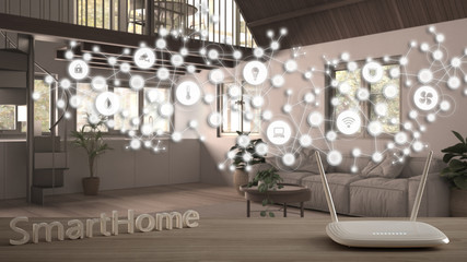 Wi-Fi wireless router on wooden table, smart home, geometric background with connected line and dots showing internet of things system, home automation concept over modern living room