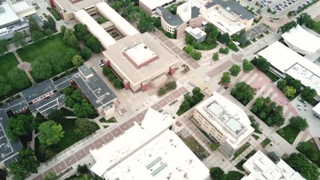CSU Colorado State University Campus, Fort Collins. Birdseye Aerial View of Buildings