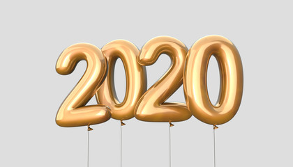 Happy New 2020 Year. Holiday vector illustration of golden metallic numbers 2020. Realistic 3d sign. Festive poster or banner design