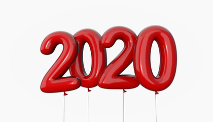 Happy New 2020 Year. Holiday vector illustration of red metallic numbers 2020. Realistic 3d sign. Festive poster or banner design