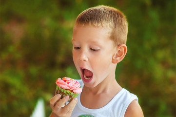 5 years old boy eat homemade gluten free healthy cupcake. Organic natural baking for children. Delicious muffin on birthday party. Children on outdoors birthday party in summer time. Hungry kid