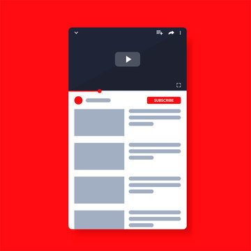 Mobile Video Player Youtube. Smartphone Social Media Interface. Play Video Online Mock Up. Youtub Subscribe Button. UI Window With Navigation Icon. Vector Illustration.