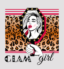 Girl looks in the mirror. Glam girl. Vector hand drawn illustration of girl. Creative artwork with leopard print . Template for card, poster, banner, print for t-shirt, pin, badge, patch.