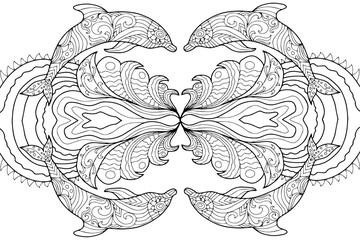 two dolphins on the waves drawn by hand on a white background for coloring, vector illustrations