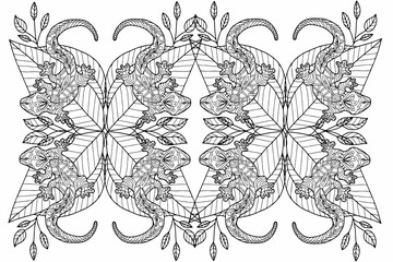 lizards on the leaves drawn by hand on a white background for coloring, vector illstrations