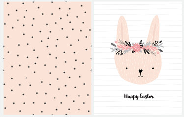 Happy Easter. Lovely Easter Vector Illustration with Bunny in a Floral Wreath. Cute Easter Bunny Isolated on a White Striped Background. Seamless Vector Pattern with Abstract Irregular Floral Design.