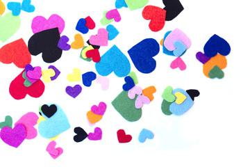 White background with colorful hearts. Blue, red, pink, green, purple, orange, yellow colors