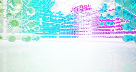 Abstract white interior from array colored gradient glasses spheres with large window. 3D illustration and rendering.