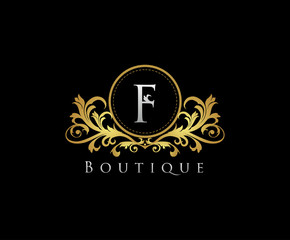 Golden F Boutique Logo Icon, Luxury F Letter Logo Design.