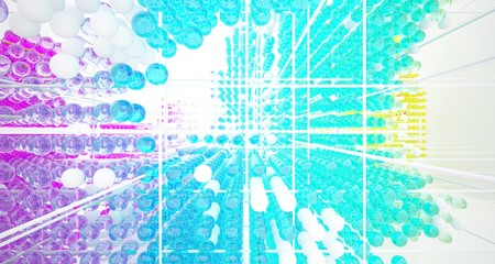 Abstract white interior from array colored gradient glasses spheres with large window. 3D illustration and rendering.