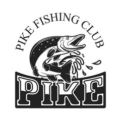 Pike fishing. Emblem template with pike fish. Design element for logo, label, design. Vector illustration