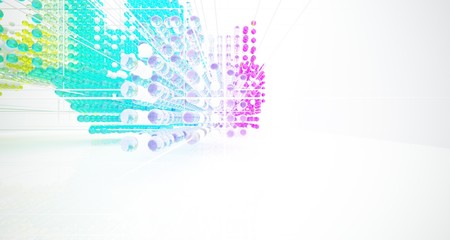 Obraz premium Abstract white interior from array colored gradient glasses spheres with large window. 3D illustration and rendering.