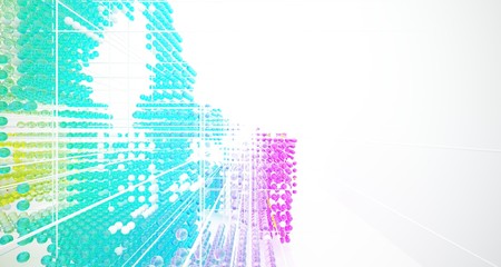 Abstract white interior from array colored gradient glasses spheres with large window. 3D illustration and rendering.