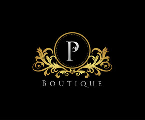 Golden P Boutique Logo Icon, Luxury P Letter Logo Design.
