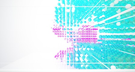 Abstract white interior from array colored gradient glasses spheres with large window. 3D illustration and rendering.