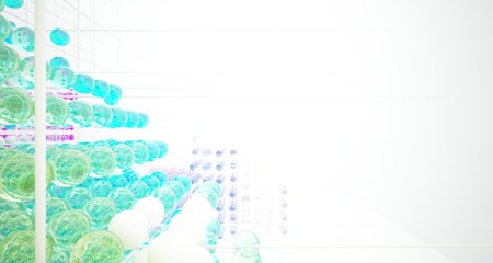 Abstract white interior from array colored gradient glasses spheres with large window. 3D illustration and rendering.