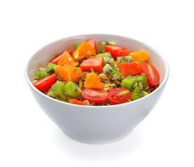 Breakfast cereal in white bowl