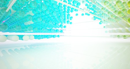 Abstract white interior from array colored gradient glasses spheres with large window. 3D illustration and rendering.