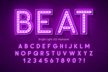 Neon light 3d alphabet, extra glowing modern font.