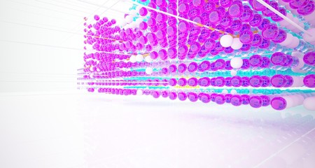 Abstract white interior from array colored gradient glasses spheres with large window. 3D illustration and rendering.