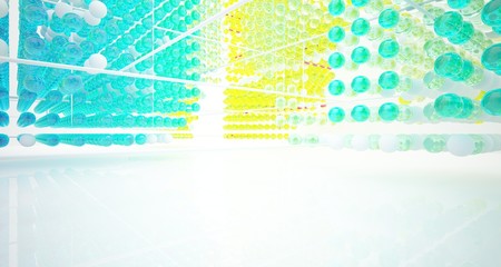 Abstract white interior from array colored gradient glasses spheres with large window. 3D illustration and rendering.