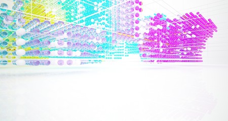 Abstract white interior from array colored gradient glasses spheres with large window. 3D illustration and rendering.