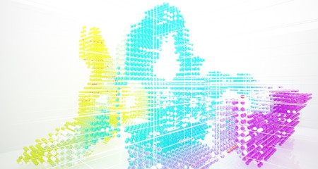 Abstract white interior from array colored gradient glasses spheres with large window. 3D illustration and rendering.