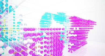 Abstract white interior from array colored gradient glasses spheres with large window. 3D illustration and rendering.