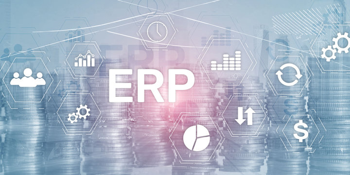 Enterprise Resource Planning ERP Mixed Media Background. Corporate Business Internet Technology Concept.