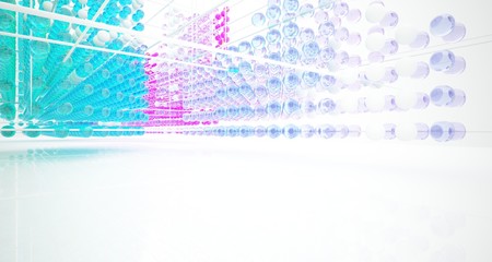 Abstract white interior from array colored gradient glasses spheres with large window. 3D illustration and rendering.