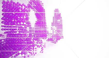 Abstract white interior from array colored gradient glasses spheres with large window. 3D illustration and rendering.