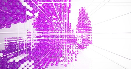 Abstract white interior from array colored gradient glasses spheres with large window. 3D illustration and rendering.