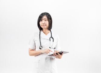 Young asian nurse with a stethoscope using a digital tablet, isolated over white background.