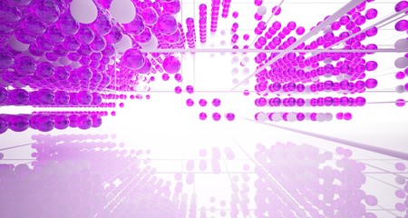 Abstract white interior from array colored gradient glasses spheres with large window. 3D illustration and rendering.