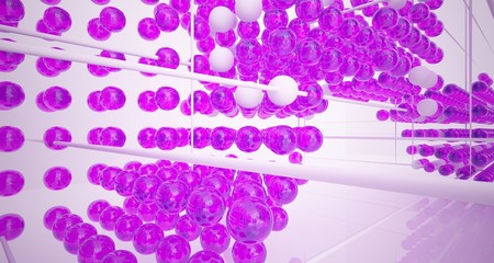 Abstract white interior from array colored gradient glasses spheres with large window. 3D illustration and rendering.