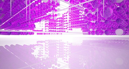 Abstract white interior from array colored gradient glasses spheres with large window. 3D illustration and rendering.