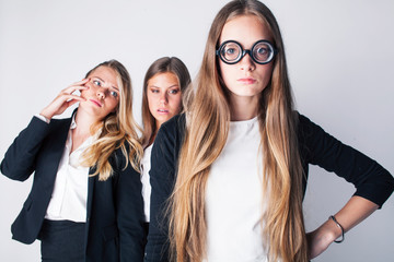 new student bookwarm in glasses against casual group on white background, teen drama, lifestyle people concept