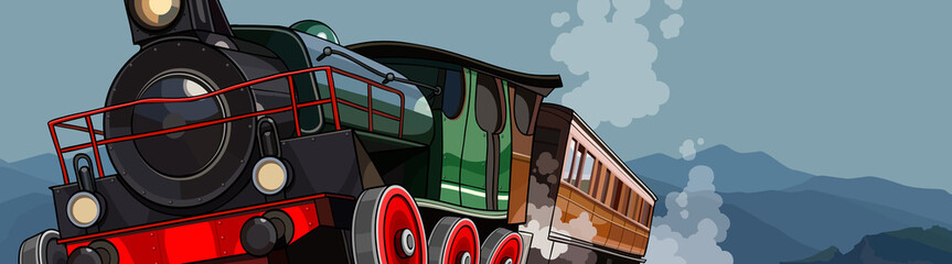 cartoon vintage steam train rides on a background of mountains © westamult