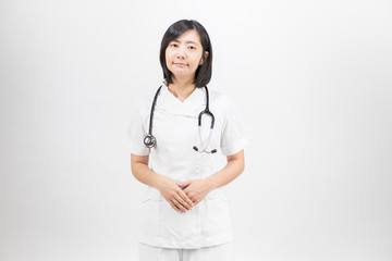 Young asian nurse with a stethoscope isolated over white background.