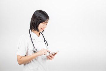 Young asian nurse with a stethoscope talking on the phone, isolated over white background.