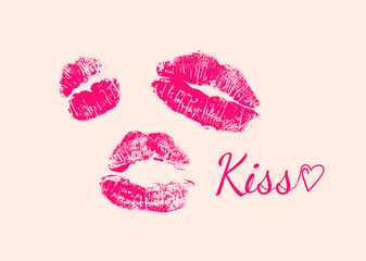 pink lips print and the inscription kiss. Vector illustration. Creative artwork. Template for card, poster, banner, print for t-shirt, pin, badge, patch.