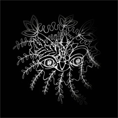 Chalk on a blackboard. Forest spirit view illustration. Ornamental rest and leaves.