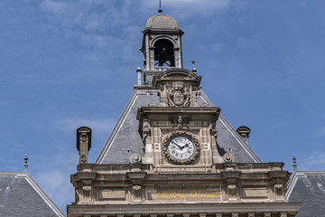City hall of XIX arrondissement (inscription: Mairie du XIX Arr, 1878) in Paris. XIX arrondissement, called Butte-Chaumont, is situated on the right bank of the River Seine. Paris, France.