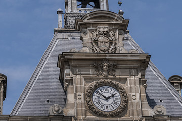 City hall of XIX arrondissement (inscription: Mairie du XIX Arr, 1878) in Paris. XIX arrondissement, called Butte-Chaumont, is situated on the right bank of the River Seine. Paris, France.