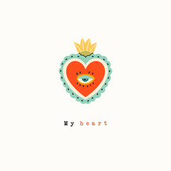 Sacred mexican heart. My Heart. Heart with eye. Cartoon style. Hand drawn colored greeting card. Love romantic concept. Trendy vector illustration
