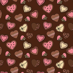 Seamless endless pattern with cookies hearts, hand drawn elements on brown background.