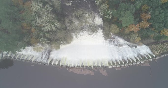 Water overflowing from a dam surrounded by native forest in Galicia. Spain.